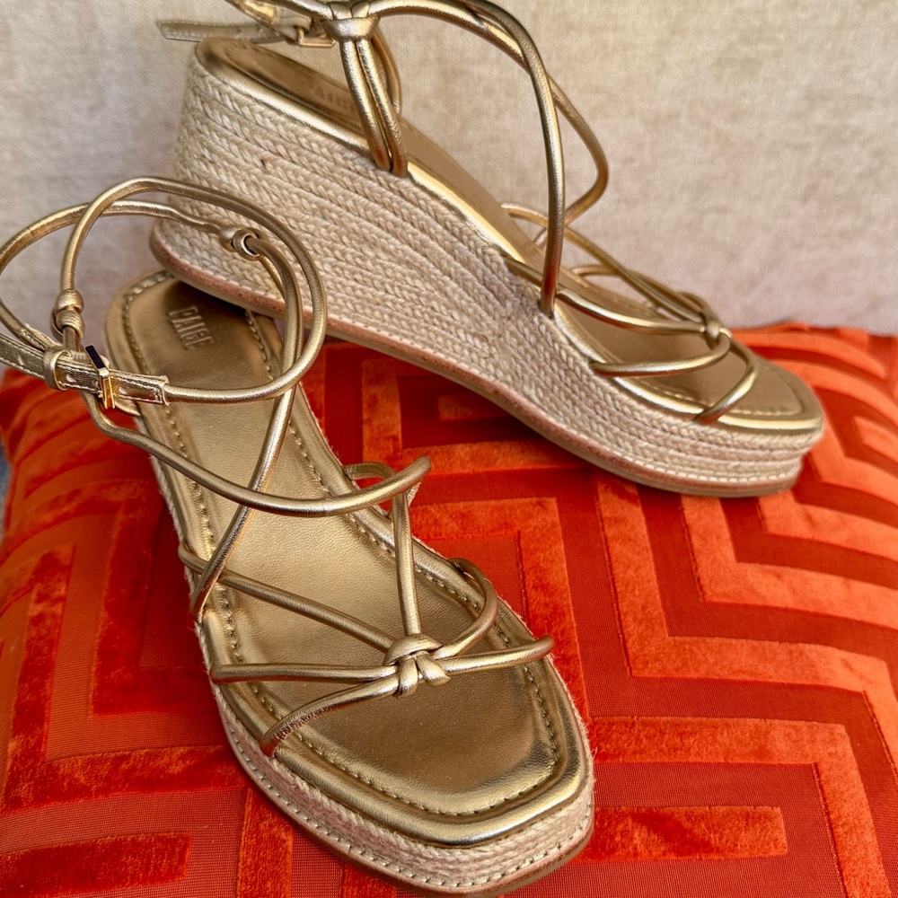 Paige Gold Wedge Sandals, size 8